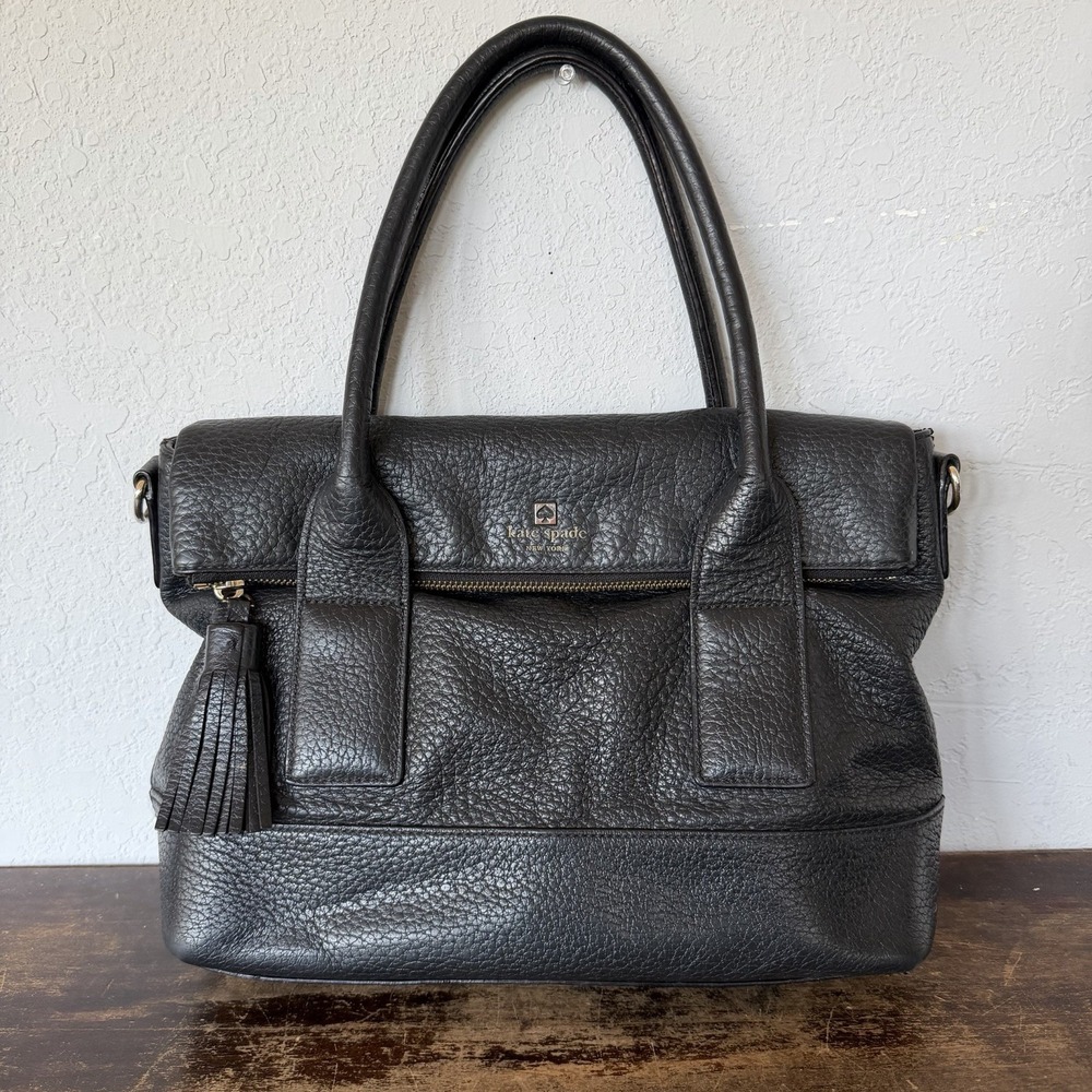 Kate Spade New York Leather Black Bag Medium Women's Crossbody Foldover Fringe